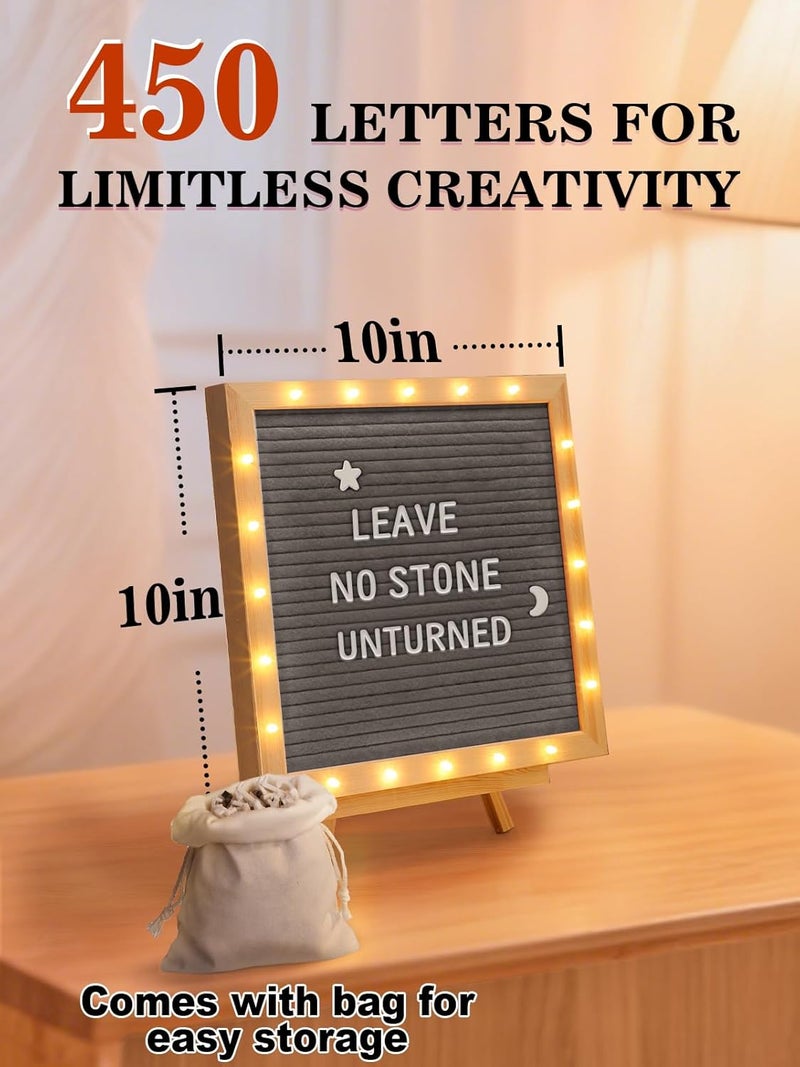 ANPHSIN Changeable Felt Letter Board with LED Lights - 10×10" Message Custom Signs & Wood Stand & 450 Letters, Poster Board for Valentine's Day/Baby/Pregnancy Announcement/Classroom Wall Decor Gifts, Grey - Image 2